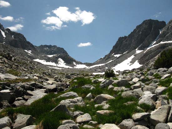 The gap on the NW side of Banner Peak leading up to Lake Catherine.